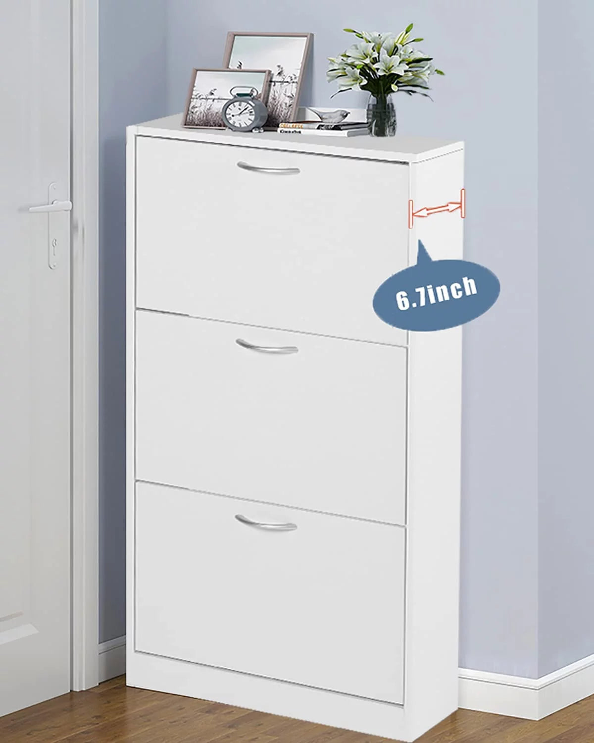 White Narrow 3 Tier Wood Shoe Cabinet U2273