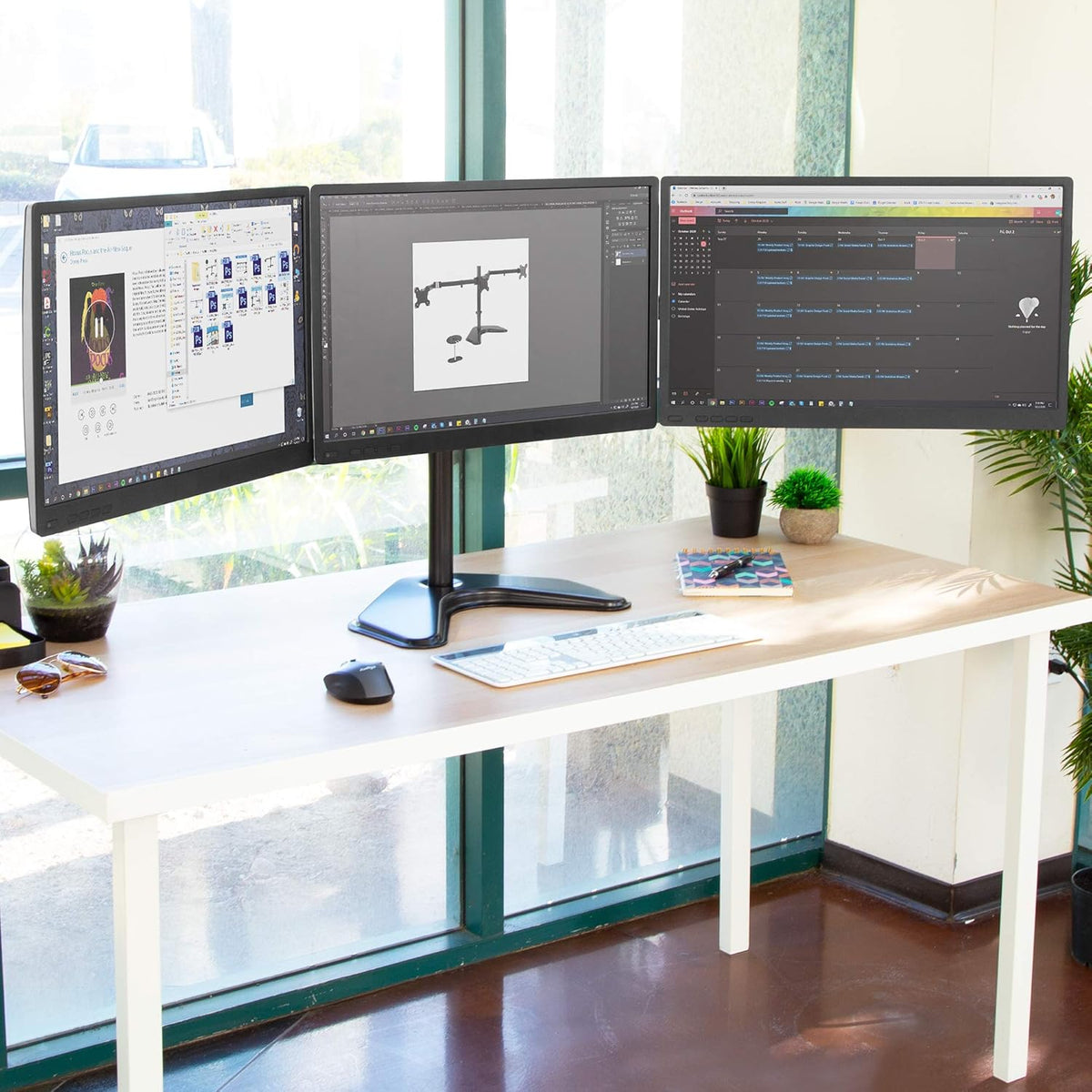 Triple Monitor Stand Freestanding Computer Desk Mount for 27 Inch Monitors VESA 75 100 J4612