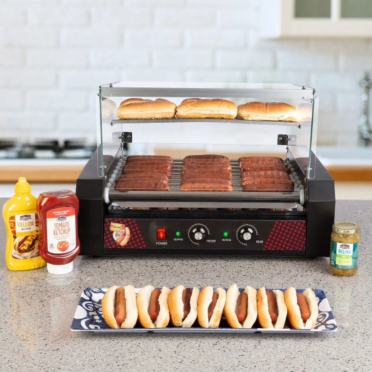 9-Roller Hot Dog Grill with Bun Warmer and Cover U1306