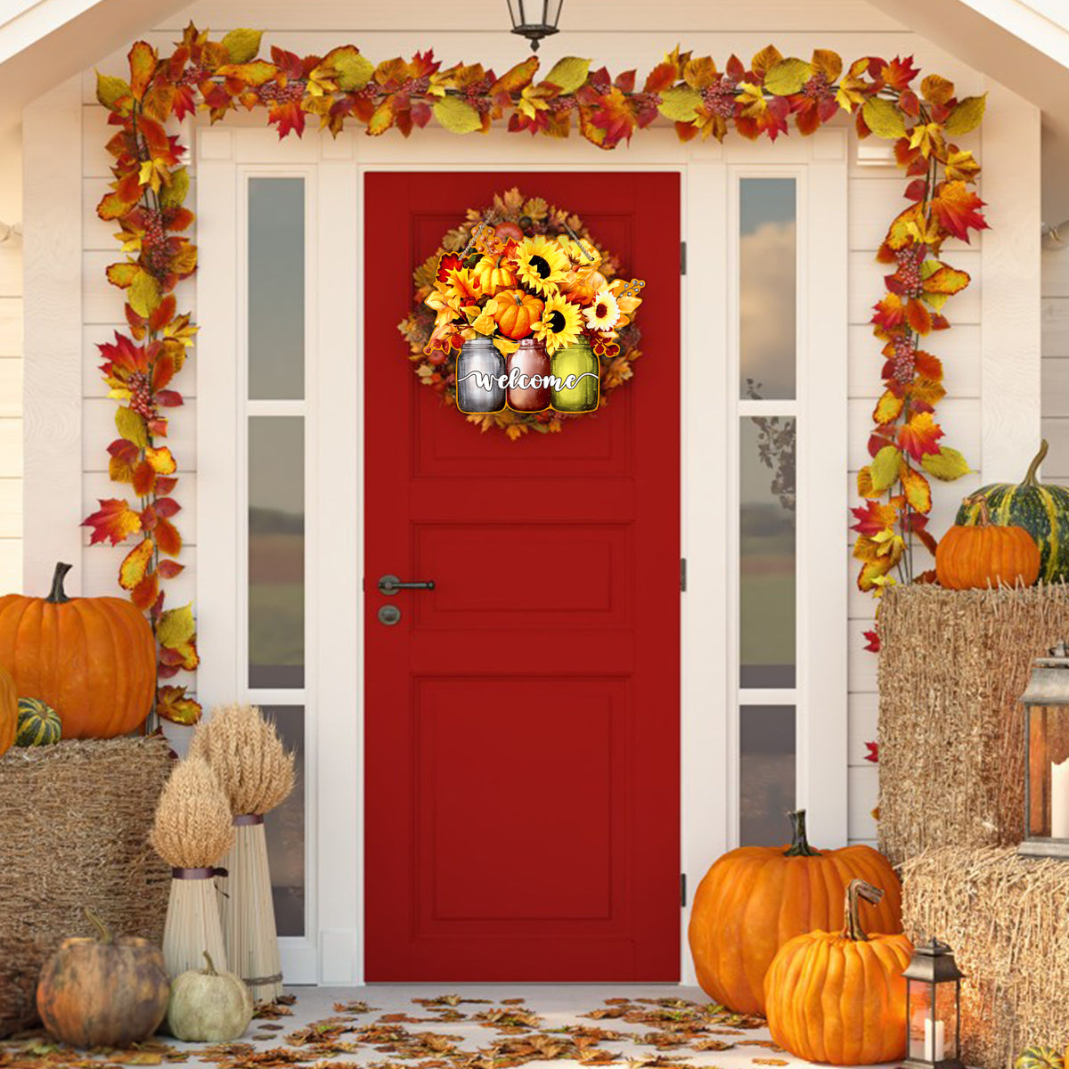 Autumn Fall Welcome Sign Wreath for Front Door Decorations K221