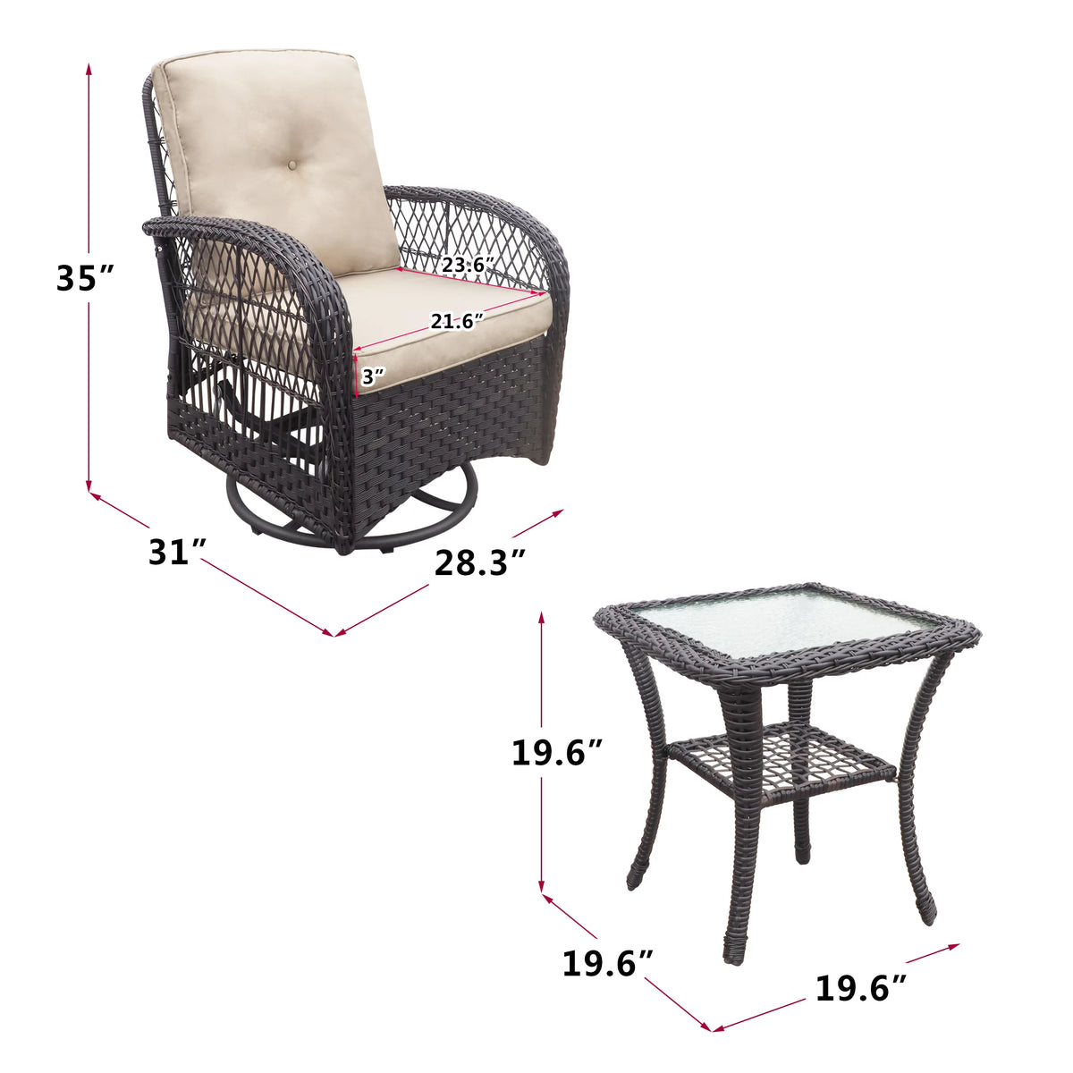 Khaki Wicker Swivel Rocker Chairs with Table Q3170