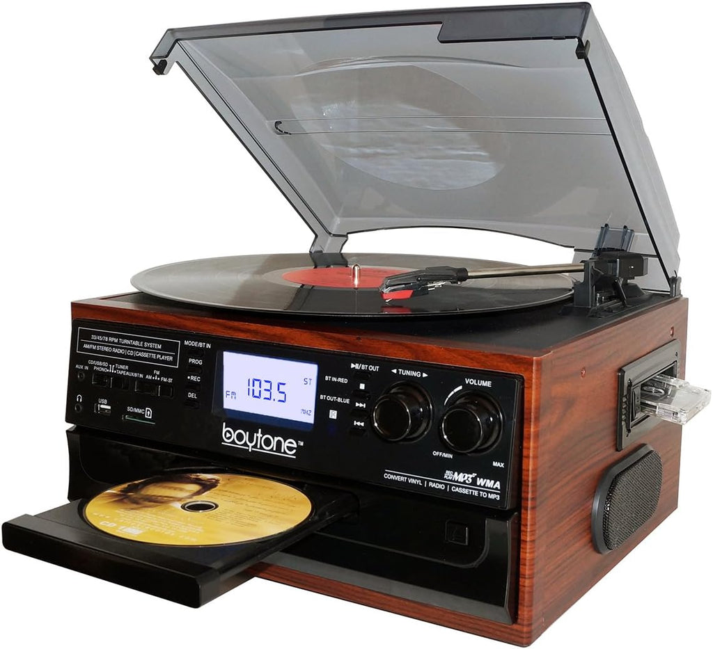 Bluetooth Record Player Turntable with AM/FM Radio, Cassette, CD Player, 2 Built in Speaker, SD Slot, USB, AUX I805