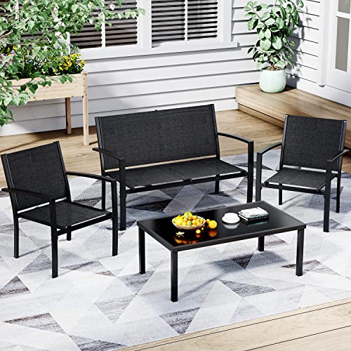 4 Pieces Patio Furniture Set with Glass Coffee Table, Black Q283