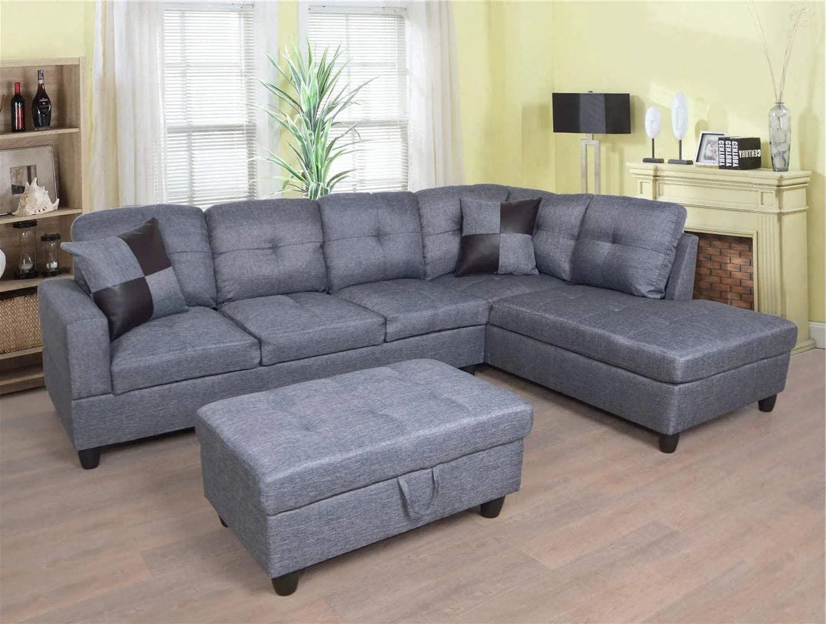 103" Wide Linen Right Hand Facing Sofa & Chaise with Ottoman Grey C3037