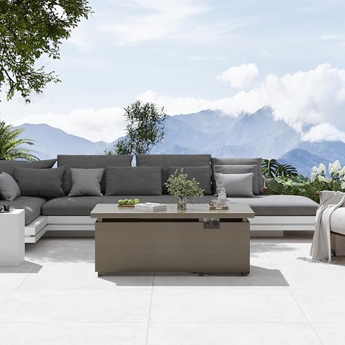 Gray Rectangle Propane Fire Pit Table with Glass Wind Guard, Rain Cover, Removable Lid K7024