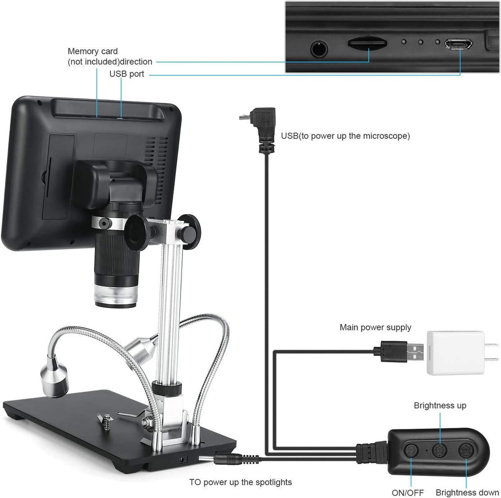 Black 7 inch LCD 1080P Digital Microscope with 200X Magnification E318