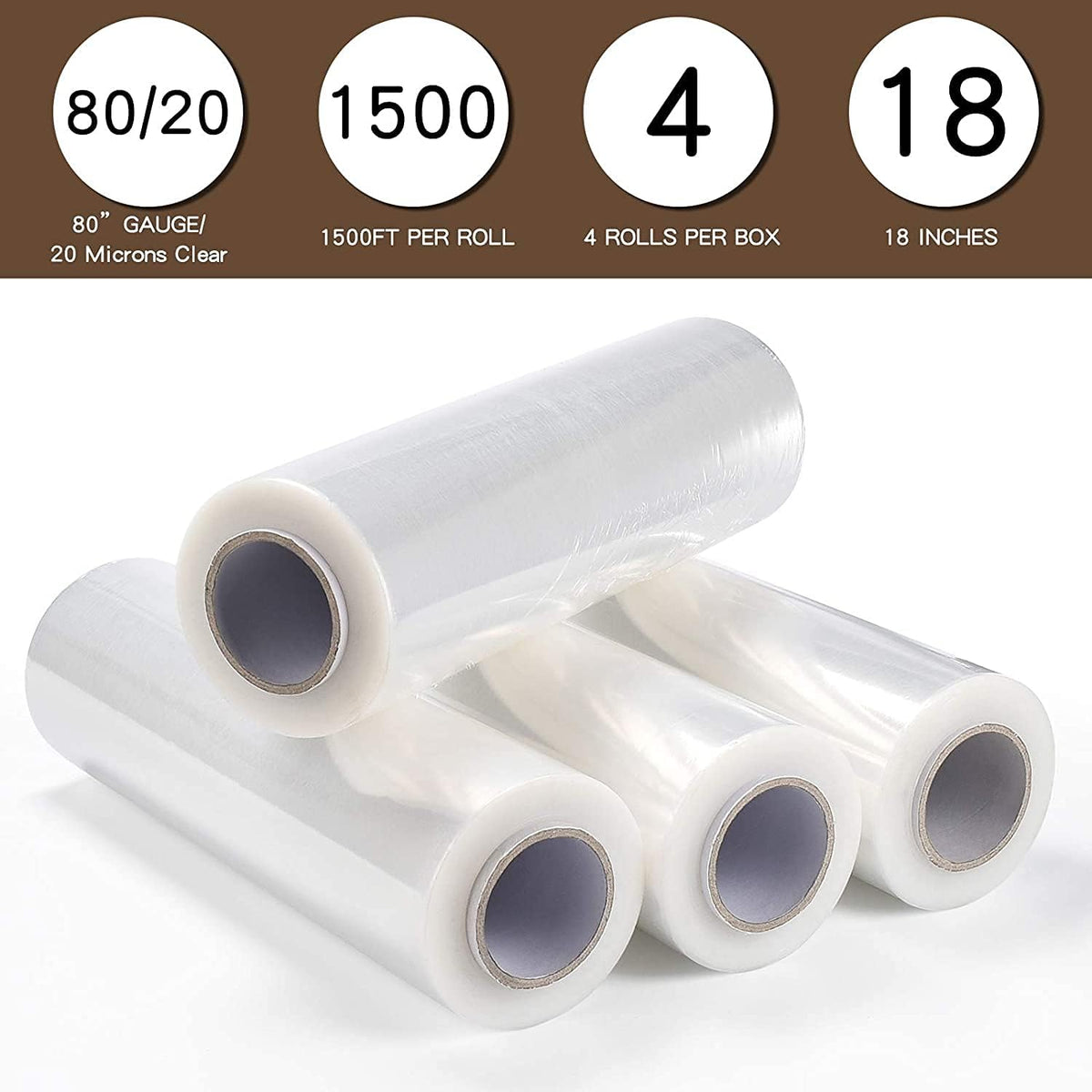 18 x 1500ft x 80 Gauge Clear Cast Pallet Stretch Wrap Film Pack of 4 Rolls J958