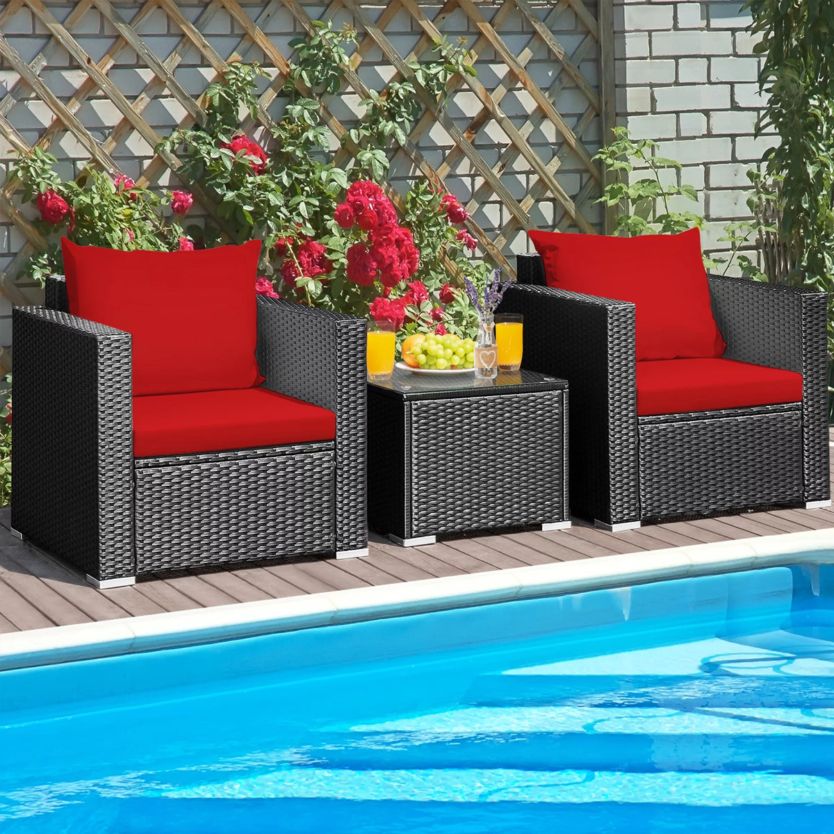 3 Pcs Rattan Patio Conversation Furniture Set with Red Cushions N52538