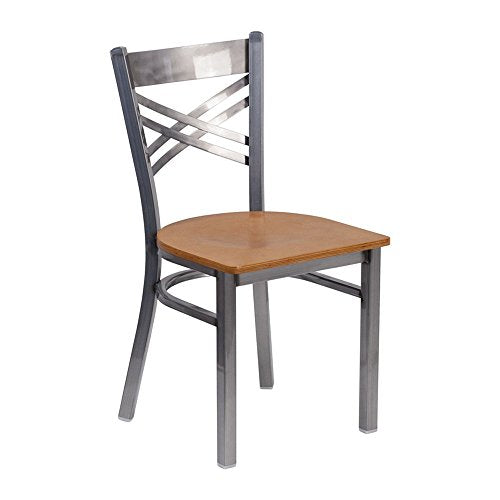 Clear Coated Metal Restaurant Chair with Cherry Wood Seat V546181