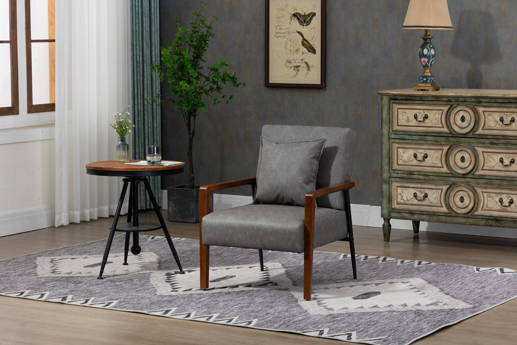 Brown Leather Armchair with Solid Wood Armrest and Removable Cushions Q767