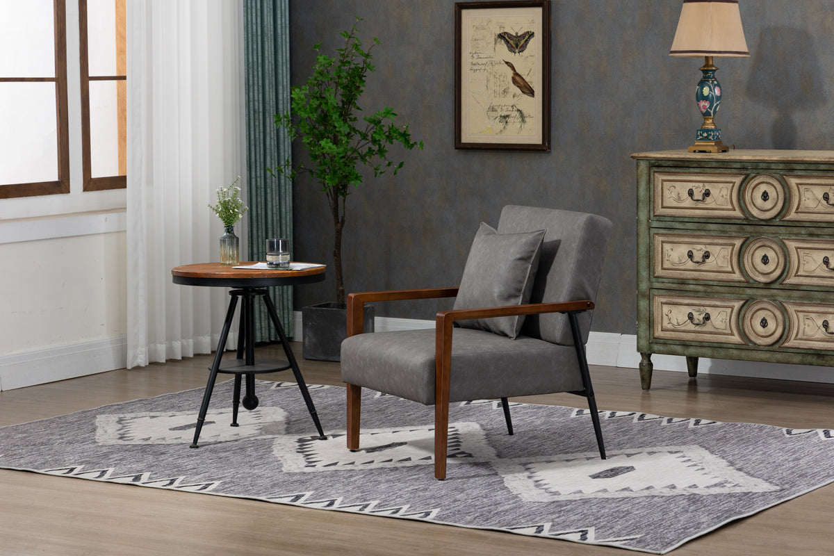 Brown Leather Armchair with Solid Wood Armrest and Removable Cushions Q767