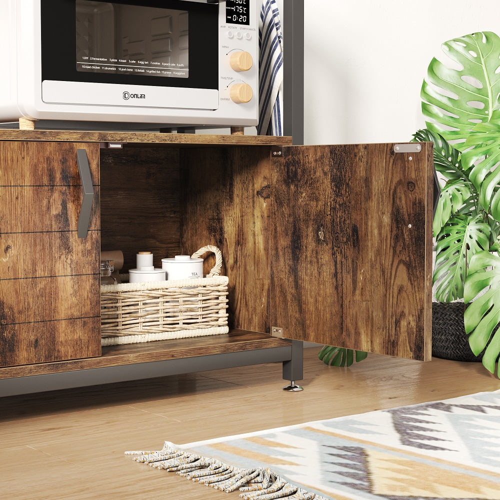 3-Tier Baker's Rack with Cabinet, Kitchen Storage Shelves, Microwave Oven Stand, Coffee Bar with Hooks in Rustic B663443