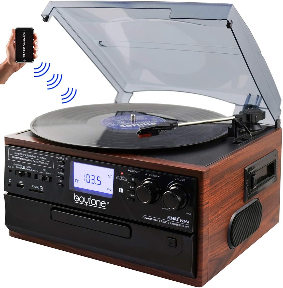 Bluetooth Record Player Turntable with AM/FM Radio, Cassette, CD Player, 2 Built in Speaker, SD Slot, USB, AUX I805