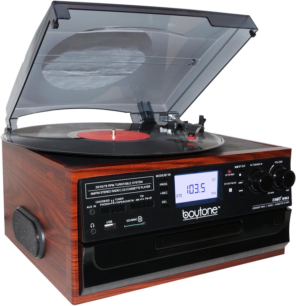 Bluetooth Record Player Turntable with AM/FM Radio, Cassette, CD Player, 2 Built in Speaker, SD Slot, USB, AUX I805