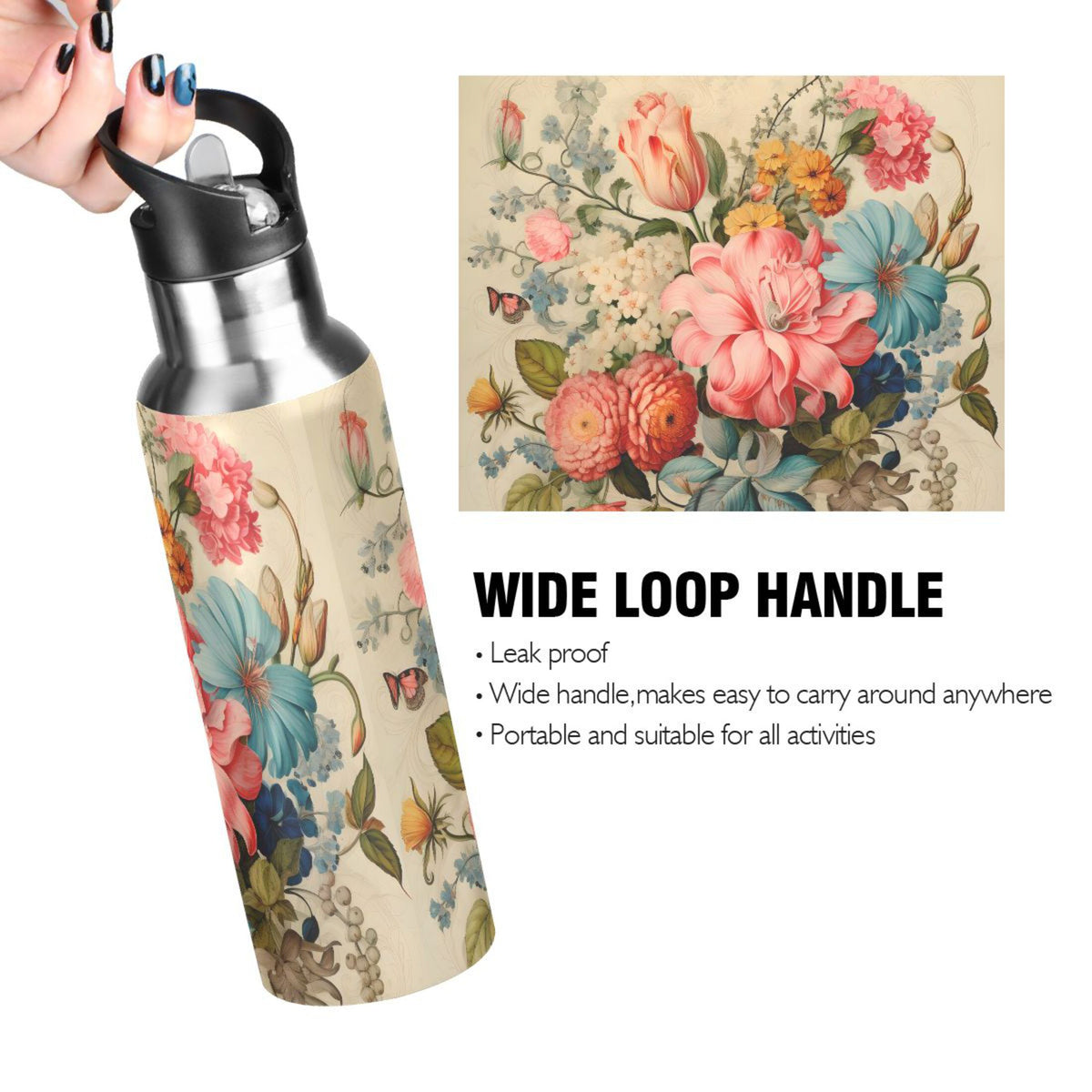 Pink Flowers Print Stainless Steel Insulated Water Bottle with Straw Lid Y491