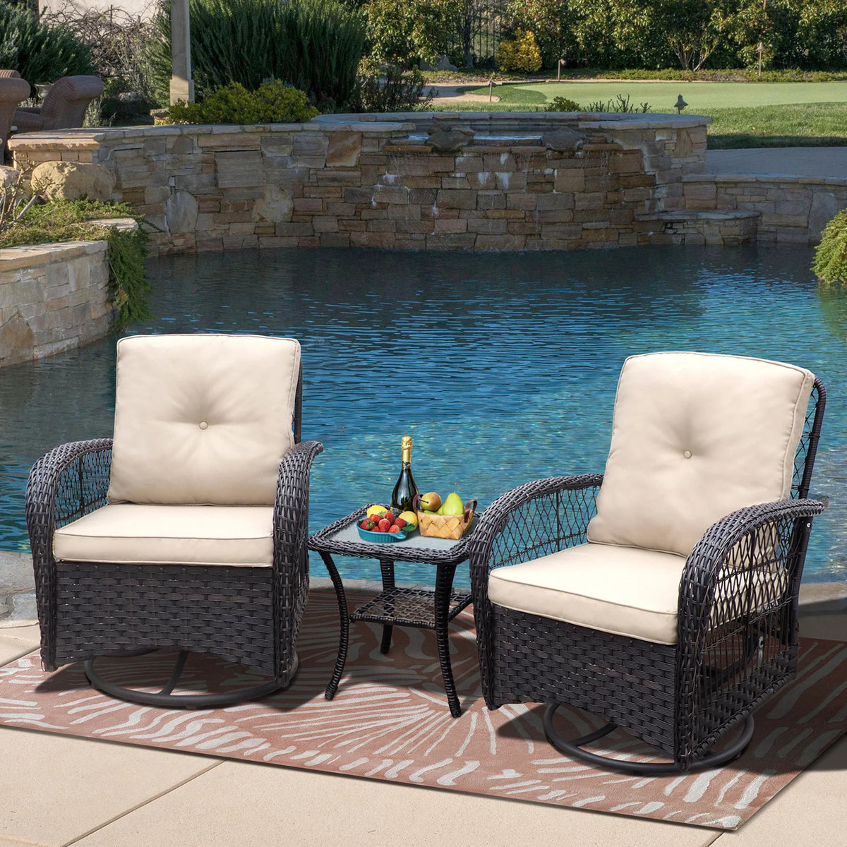 Khaki Wicker Swivel Rocker Chairs with Table Q3170