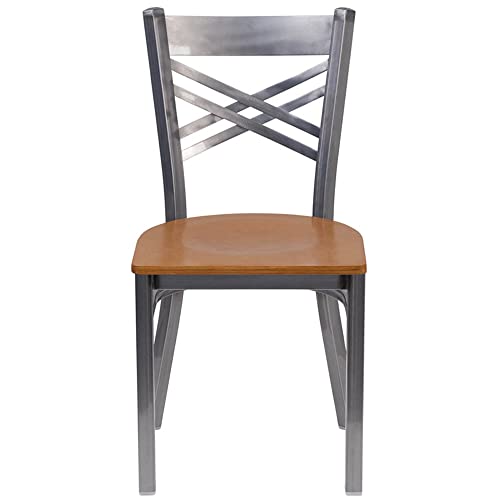 Clear Coated Metal Restaurant Chair with Cherry Wood Seat V546181