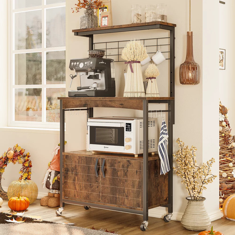 3-Tier Baker's Rack with Cabinet, Kitchen Storage Shelves, Microwave Oven Stand, Coffee Bar with Hooks in Rustic B663443