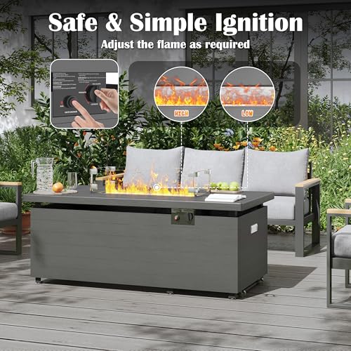 Gray Rectangle Propane Fire Pit Table with Glass Wind Guard, Rain Cover, Removable Lid K7024