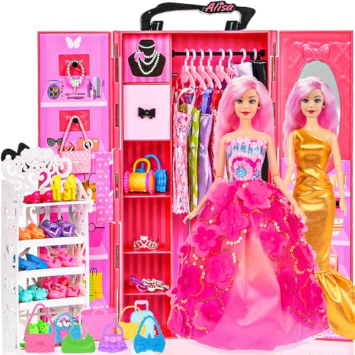 105 Pcs Doll and Closet Playset Wardrobe Set Including One Doll Wardrobe Shoes Rack Dress Shoes Hangers Necklace K80831