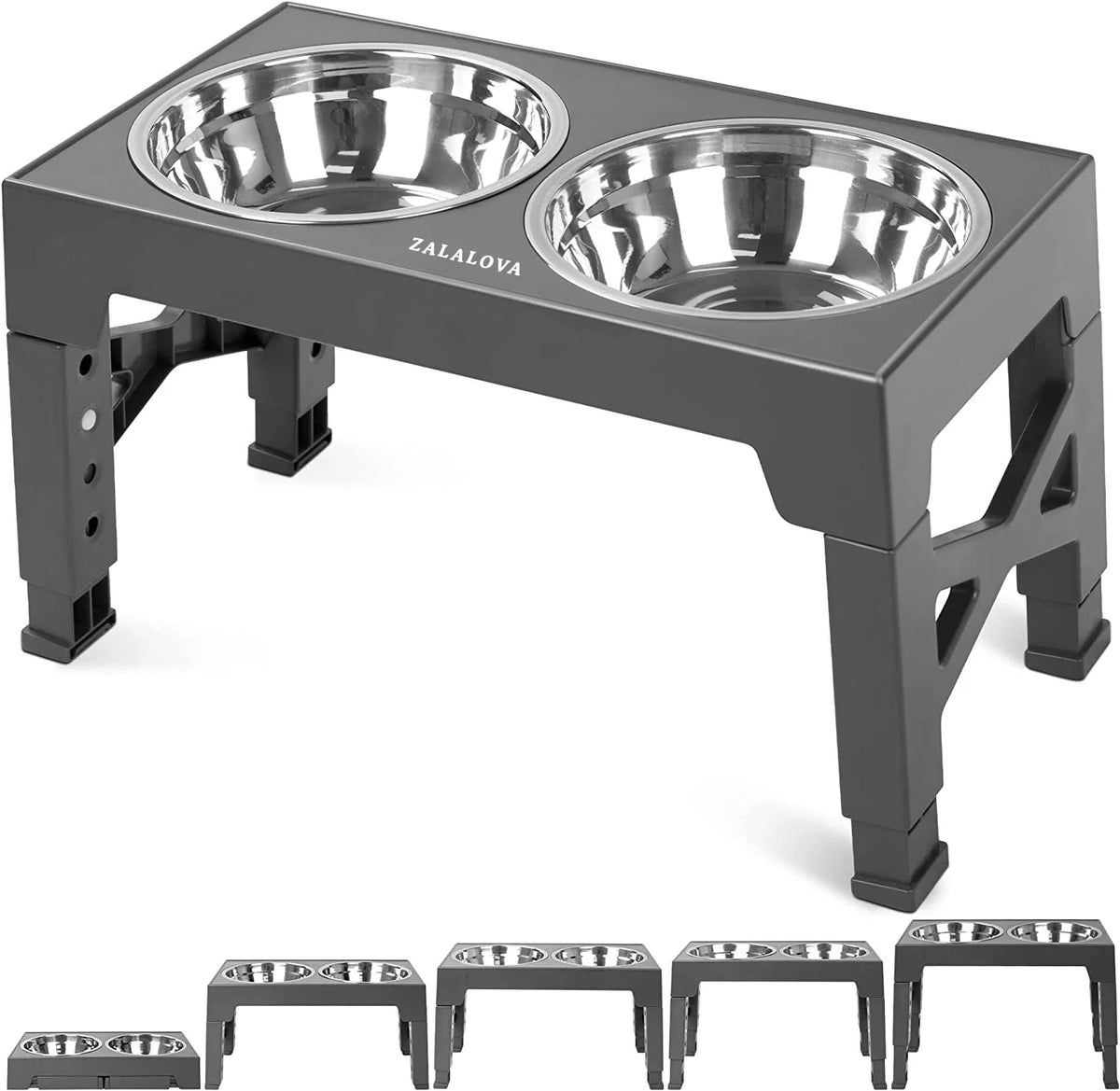Elevated Dog Bowls Stand with 2 Stainless Steel Dishes, Raised Dog Bowl Adjusts to 5 Heights (Gray) Z9294