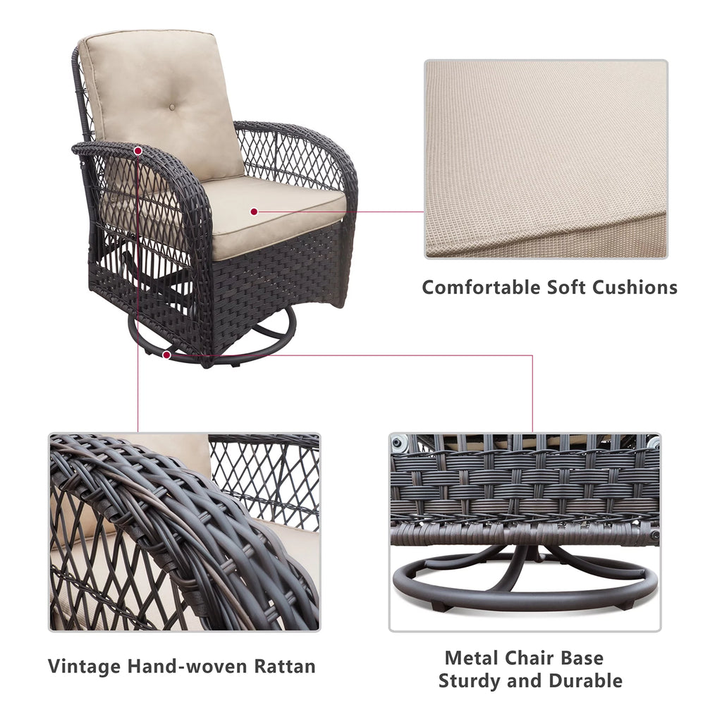 Khaki Wicker Swivel Rocker Chairs with Table Q3170