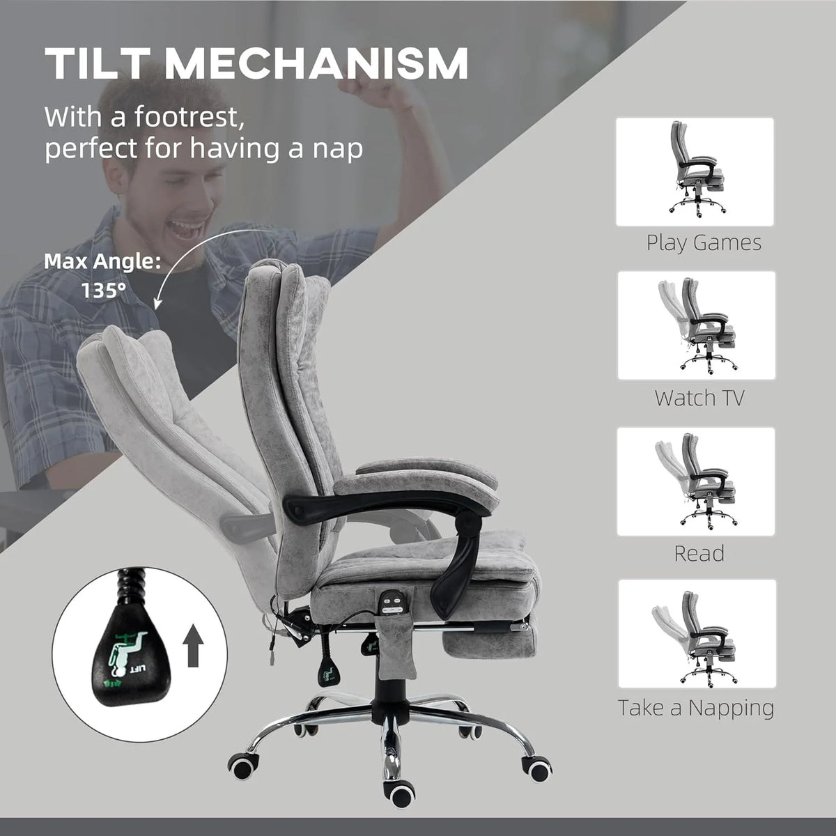 Gray Microfiber High Back Office Chair with Massage and Footrest M561811