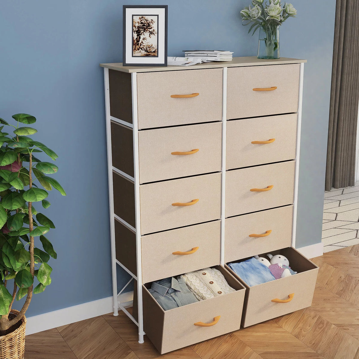 Beige 10 Drawer Fabric Dresser X788
