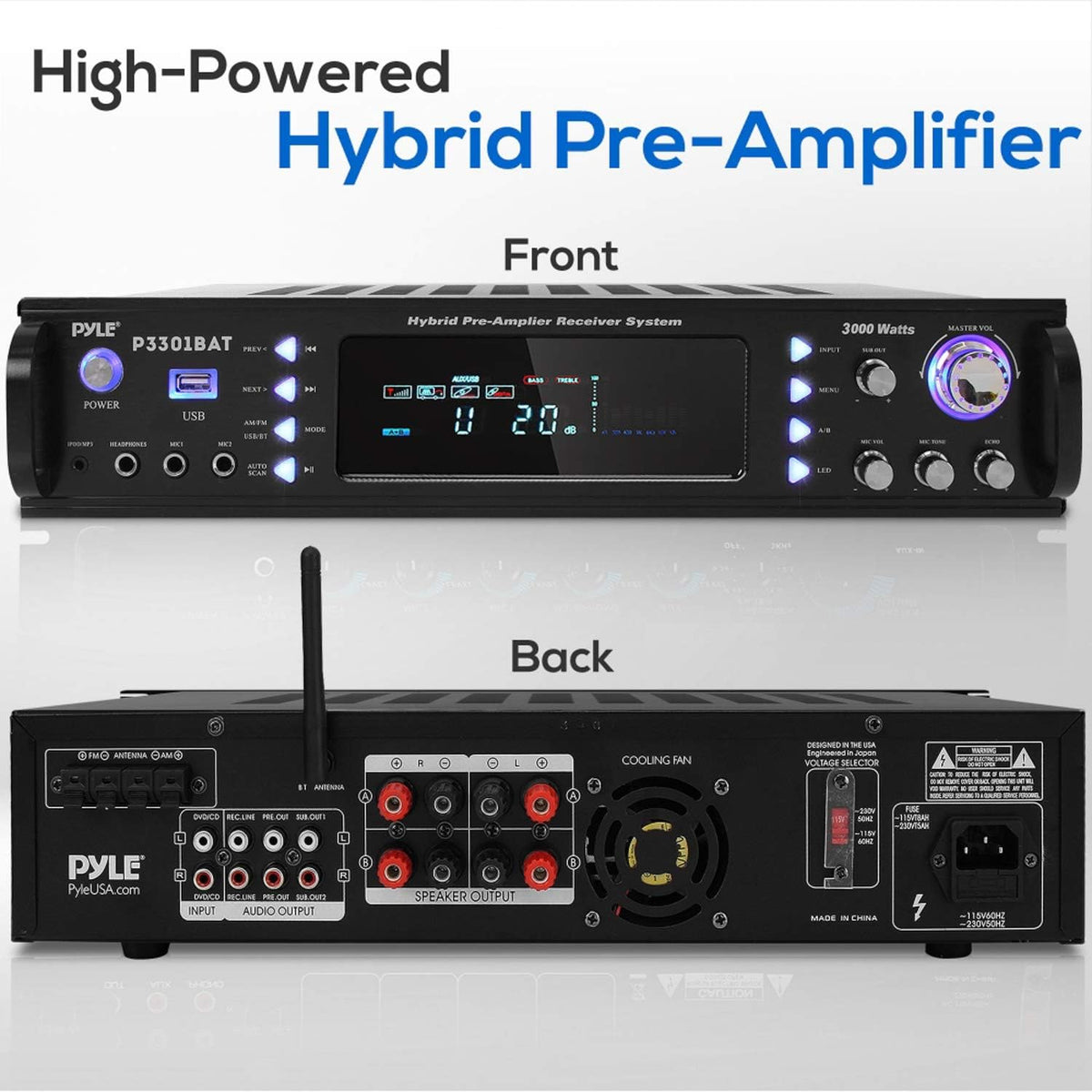Wireless Bluetooth Stereo Amplifier with AM/FM Radio, USB, AUX, RCA, Karaoke Mic in, Remote Y455