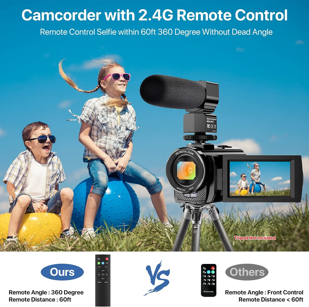 FHD 1080P 24.0MP 3.0 Inch 270 Degree Rotation Screen 16X Digital Zoom Camcorder with Microphone, Remote Control and 2 Batteries S17984