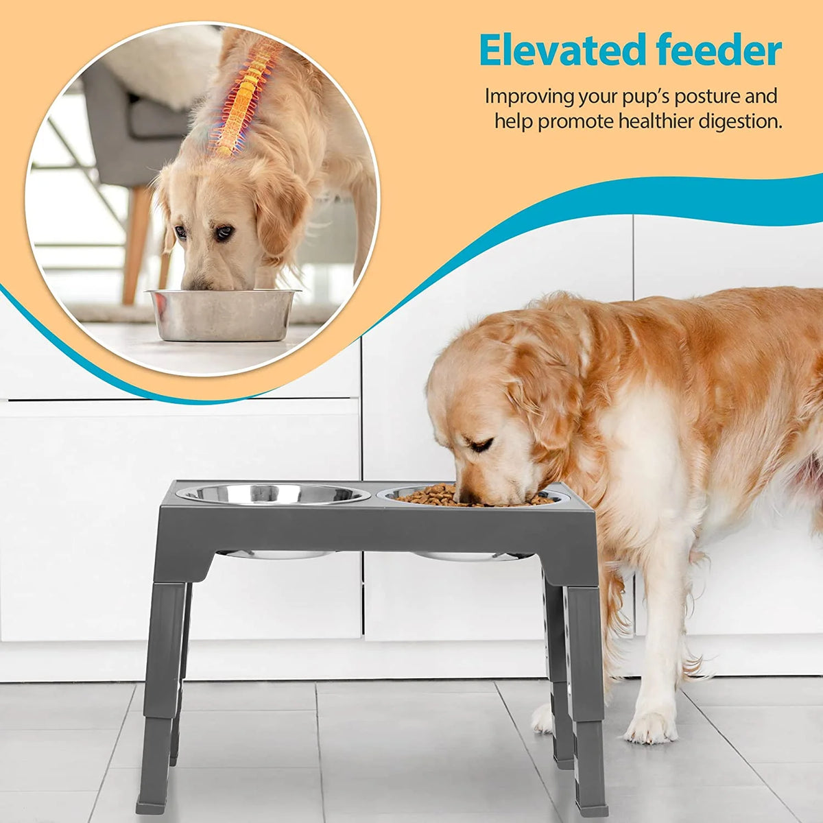 Elevated Dog Bowls Stand with 2 Stainless Steel Dishes, Raised Dog Bowl Adjusts to 5 Heights (Gray) Z9294