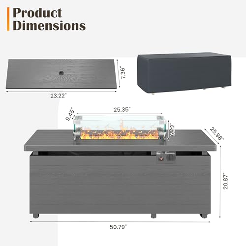 Gray Rectangle Propane Fire Pit Table with Glass Wind Guard, Rain Cover, Removable Lid K7024