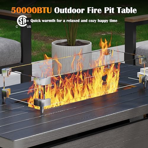 Gray Rectangle Propane Fire Pit Table with Glass Wind Guard, Rain Cover, Removable Lid K7024