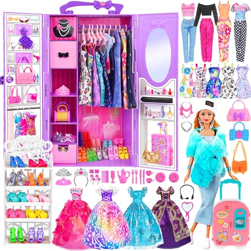 105 Pcs Doll and Closet Playset Wardrobe Set Including One Doll Wardrobe Shoes Rack Dress Shoes Hangers Necklace K80831
