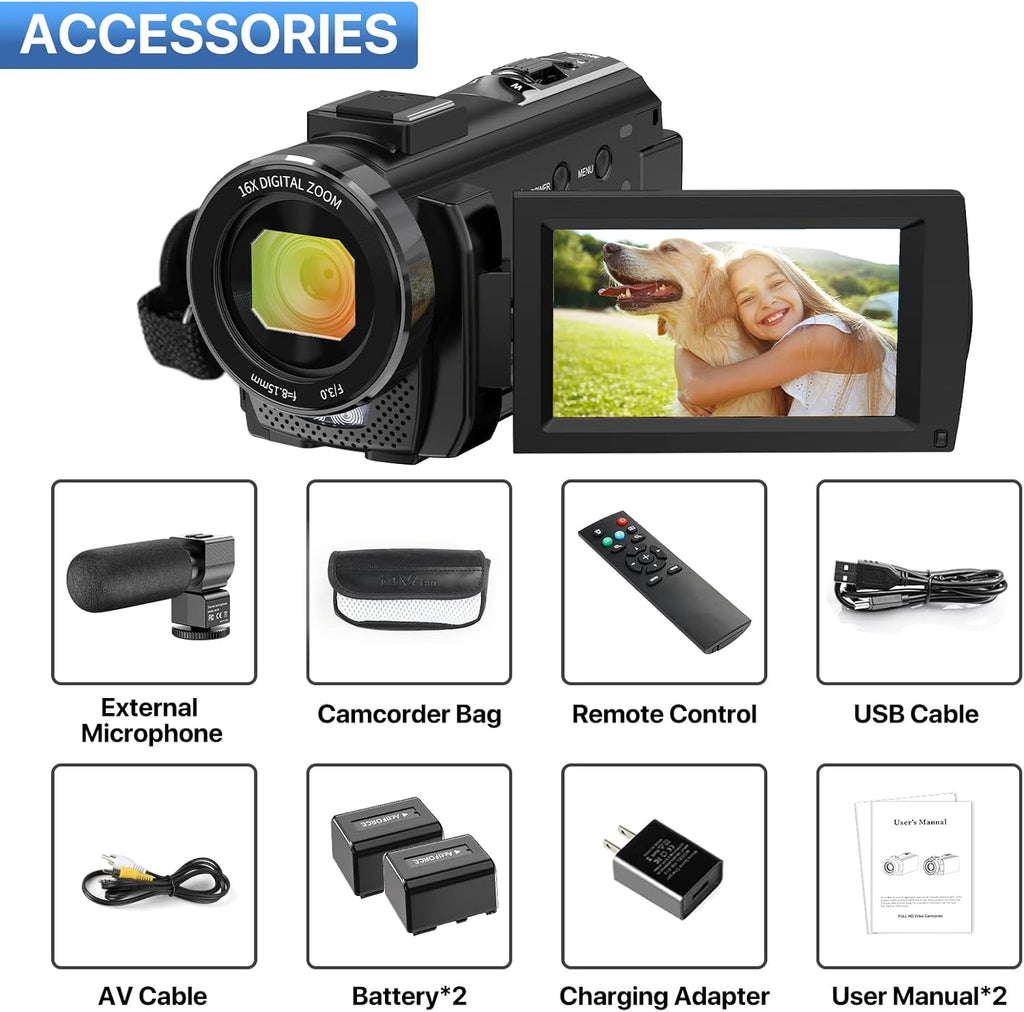 FHD 1080P 24.0MP 3.0 Inch 270 Degree Rotation Screen 16X Digital Zoom Camcorder with Microphone, Remote Control and 2 Batteries S17984
