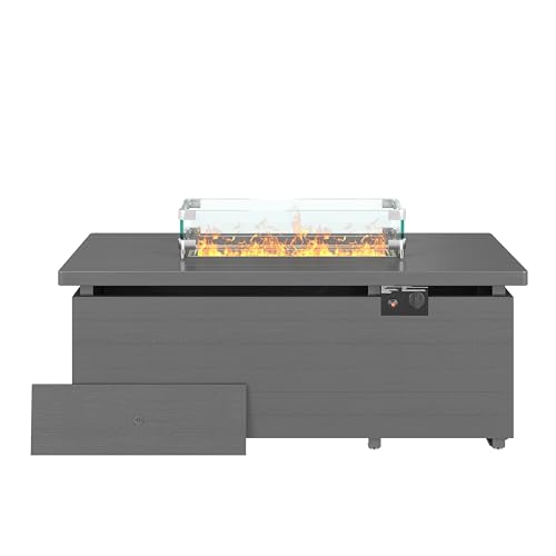 Gray Rectangle Propane Fire Pit Table with Glass Wind Guard, Rain Cover, Removable Lid K7024