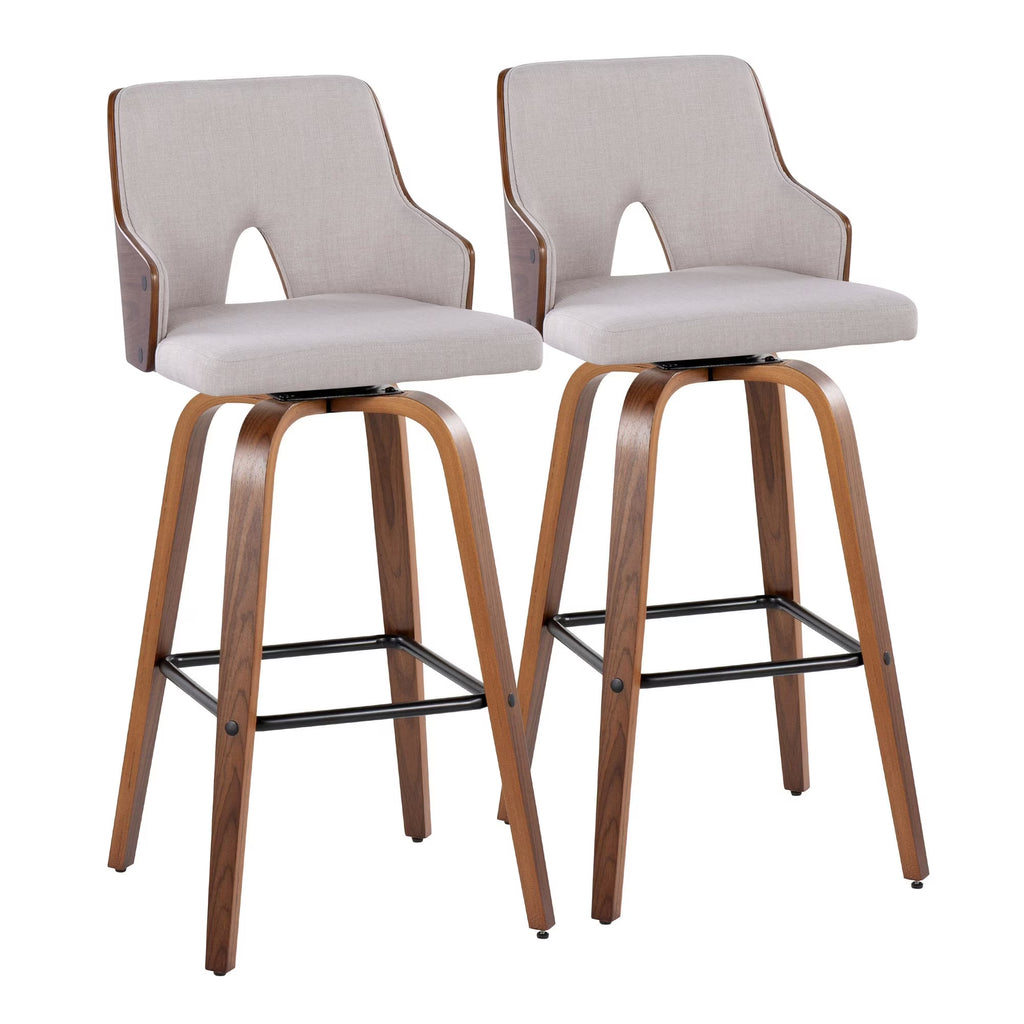 Walnut Wood Beige Fabric Swivel Barstool Set of 2 A43201