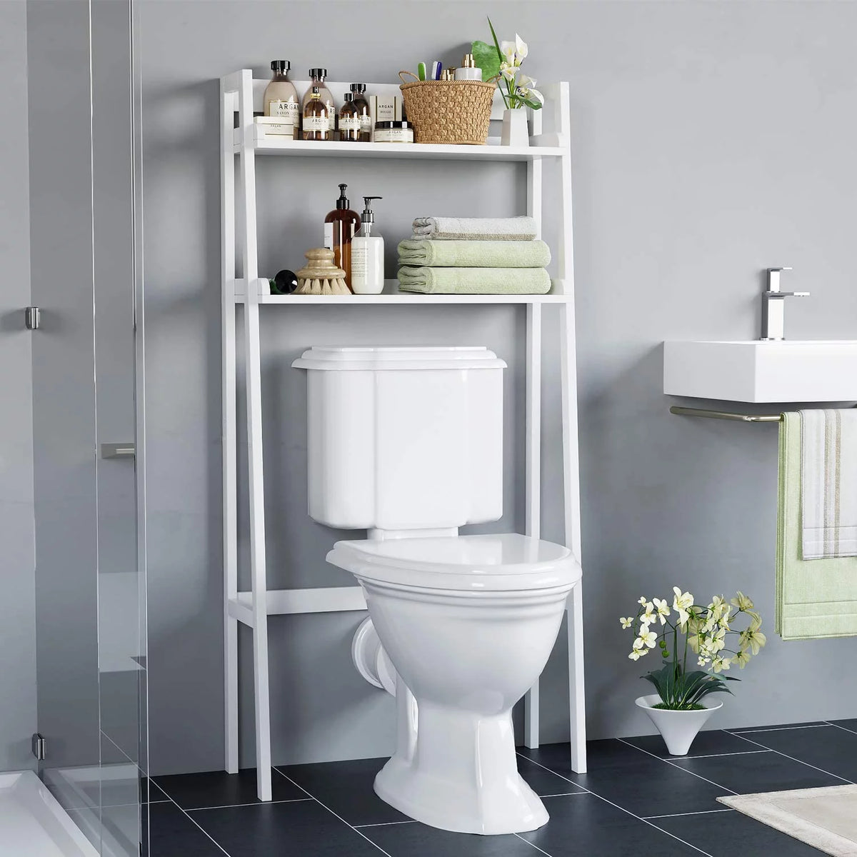 2-Tier White Over the Toilet Bathroom Shelf P807369