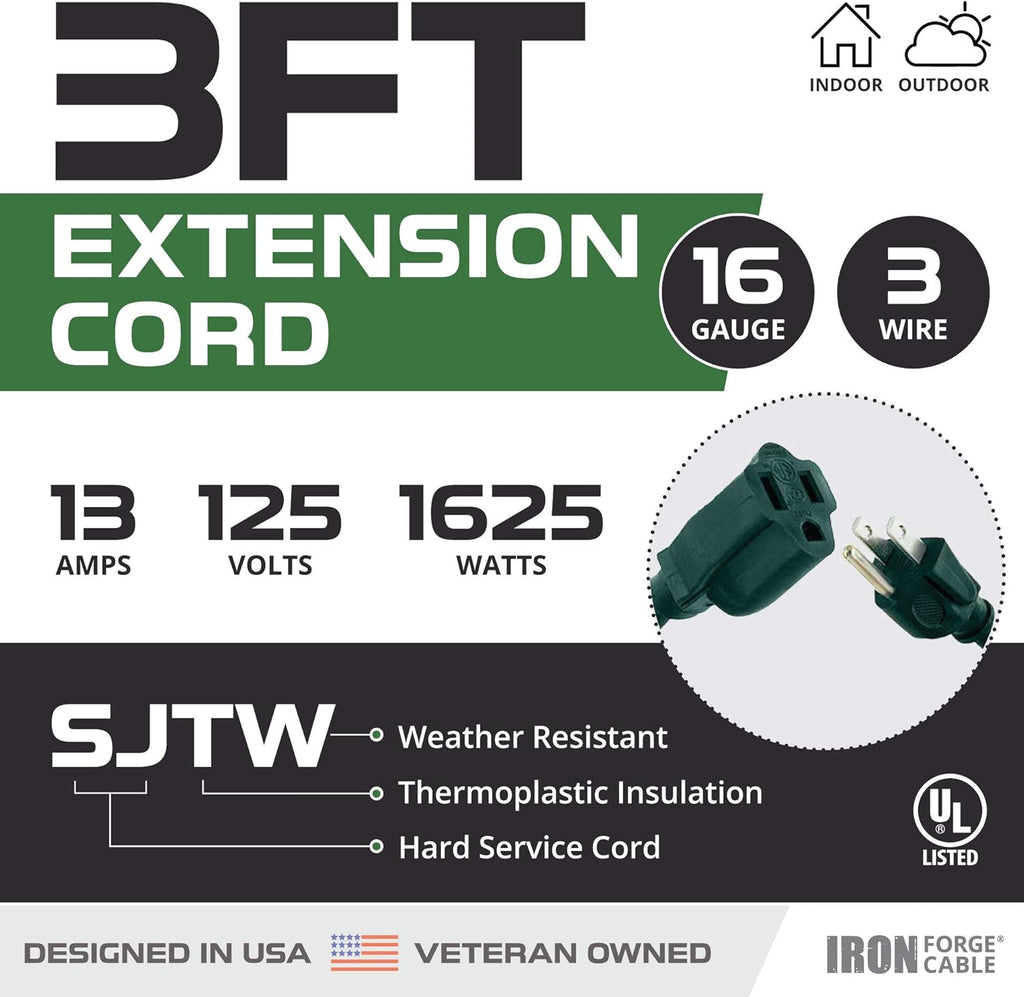 2 Pack 50 Foot Outdoor Extension Cords, 16/3 SJTW Green Cable with 3 Prong Grounded Plug Z5247
