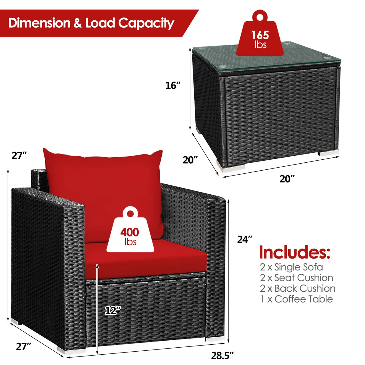 3 Pcs Rattan Patio Conversation Furniture Set with Red Cushions N52538