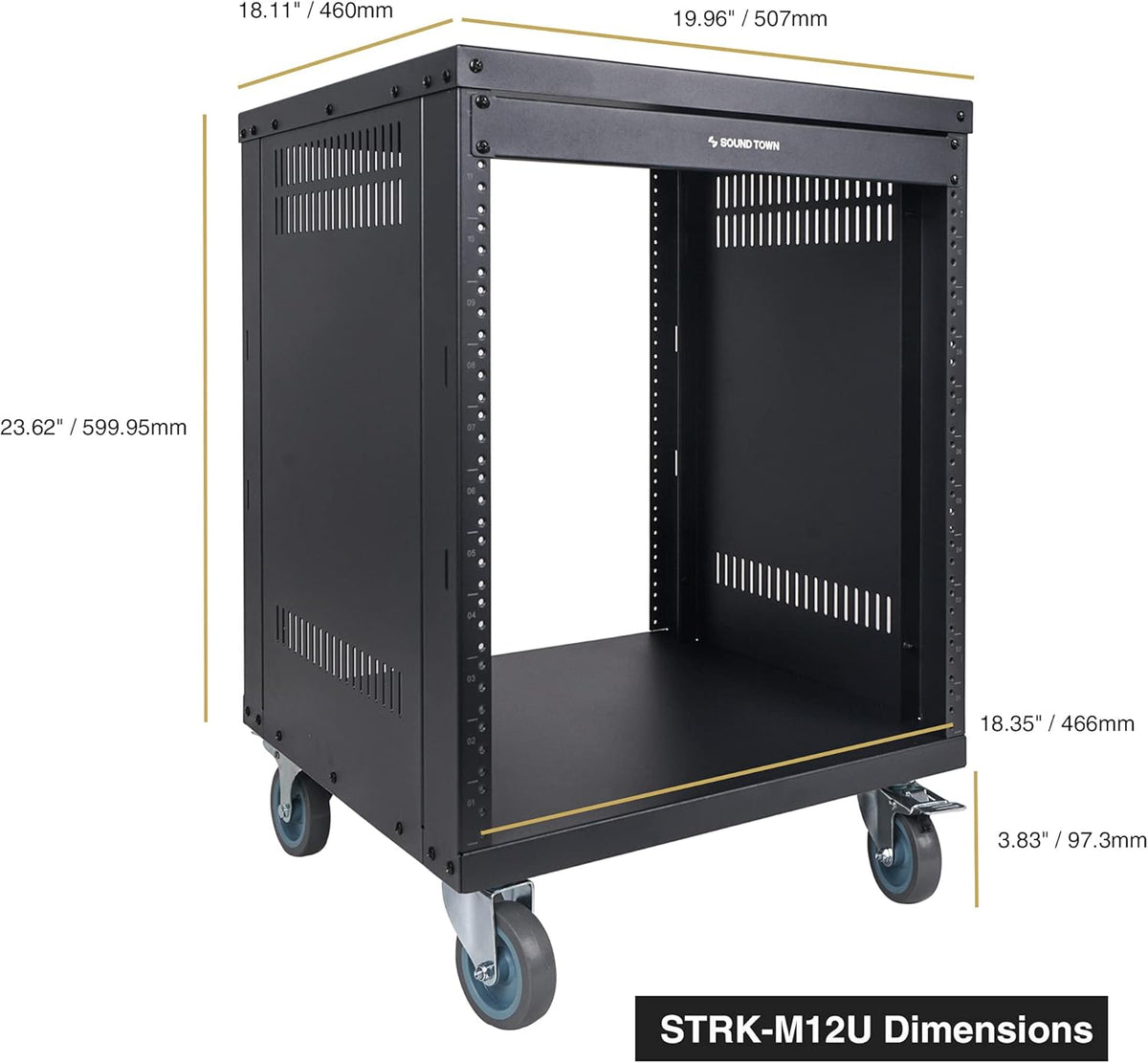 12U Universal Steel Rack with 3 Locking Casters and Vented Side Panels S238
