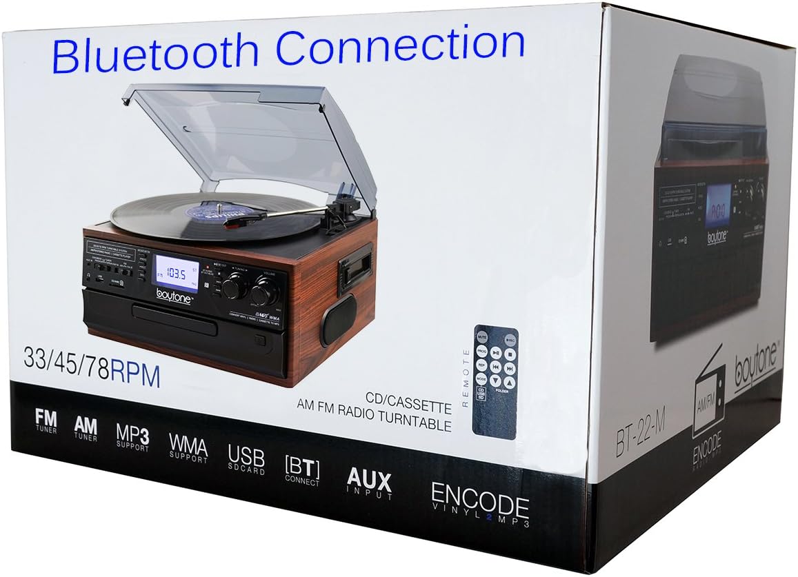 Bluetooth Record Player Turntable with AM/FM Radio, Cassette, CD Player, 2 Built in Speaker, SD Slot, USB, AUX I805