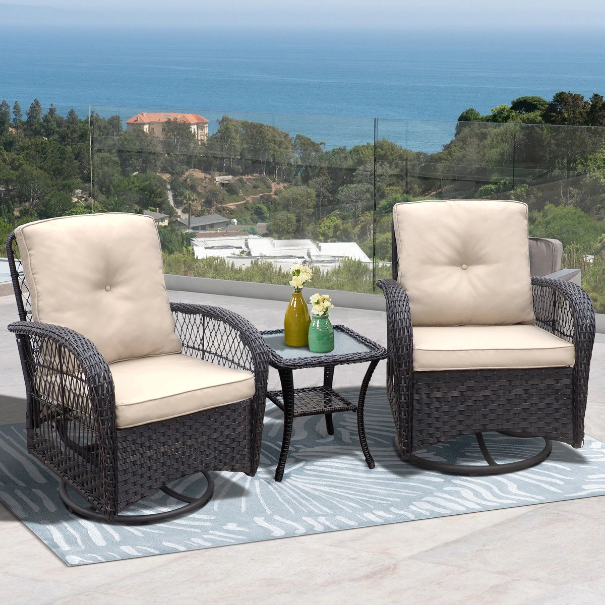 Khaki Wicker Swivel Rocker Chairs with Table Q3170