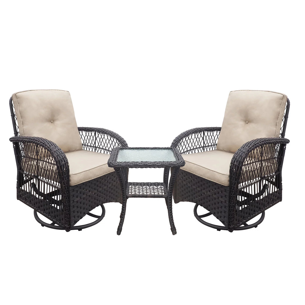 Khaki Wicker Swivel Rocker Chairs with Table Q3170