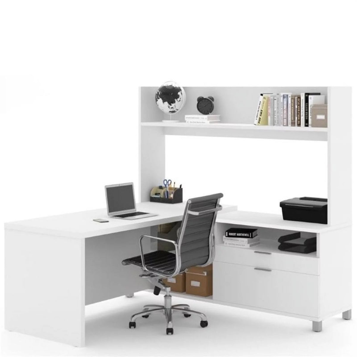 L Shaped Computer Desk with Hutch in White Y4373