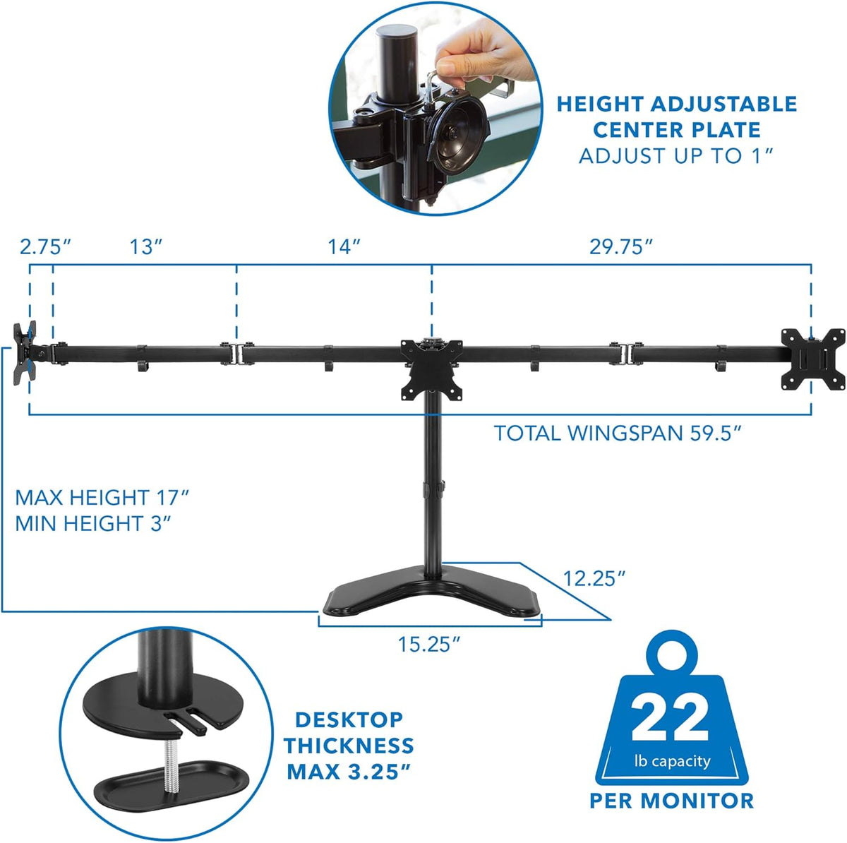 Triple Monitor Stand Freestanding Computer Desk Mount for 27 Inch Monitors VESA 75 100 J4612