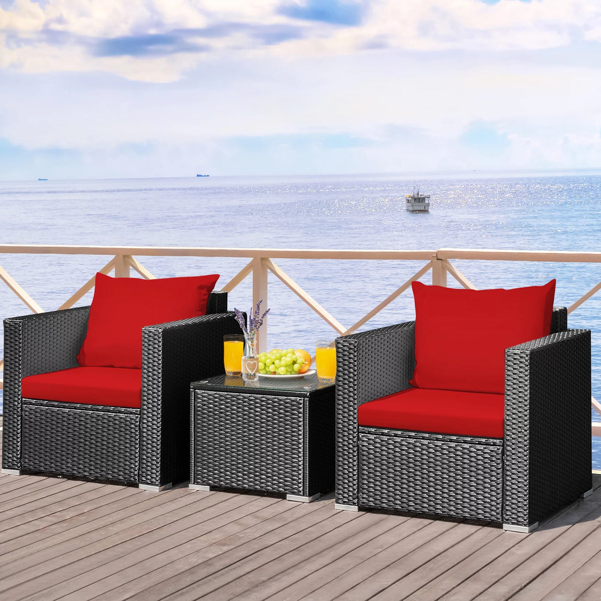 3 Pcs Rattan Patio Conversation Furniture Set with Red Cushions N52538