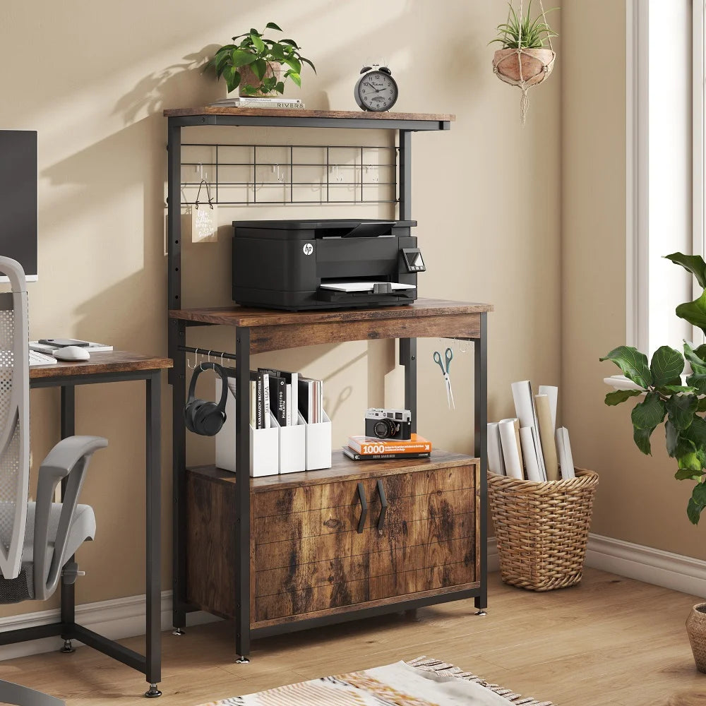 3-Tier Baker's Rack with Cabinet, Kitchen Storage Shelves, Microwave Oven Stand, Coffee Bar with Hooks in Rustic B663443