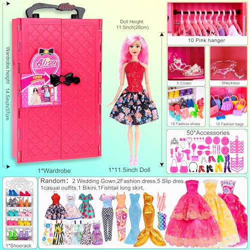 105 Pcs Doll and Closet Playset Wardrobe Set Including One Doll Wardrobe Shoes Rack Dress Shoes Hangers Necklace K80831