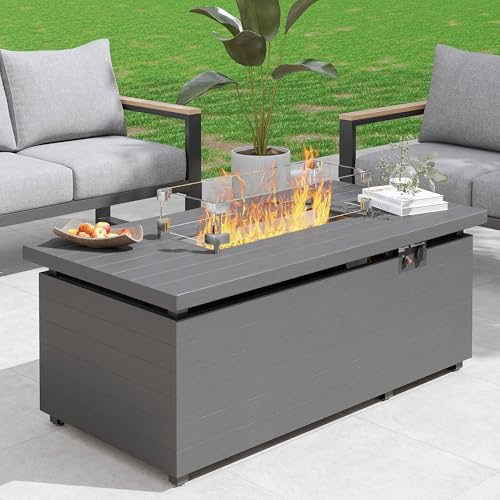Gray Rectangle Propane Fire Pit Table with Glass Wind Guard, Rain Cover, Removable Lid K7024